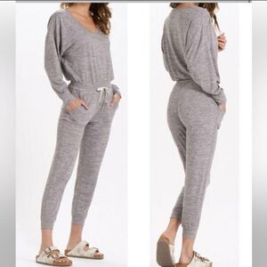 Vuori Heather Gray V‑Neck  Jumpsuit with Drawstring Waist